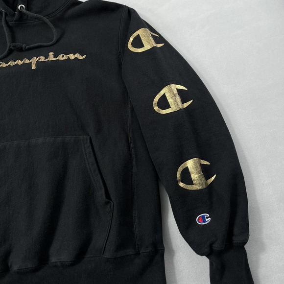 Champion Reverse Weave Hoodie Mens Medium Black Gold Logo‎ Sleeves Y2K - Picture 3 of 10